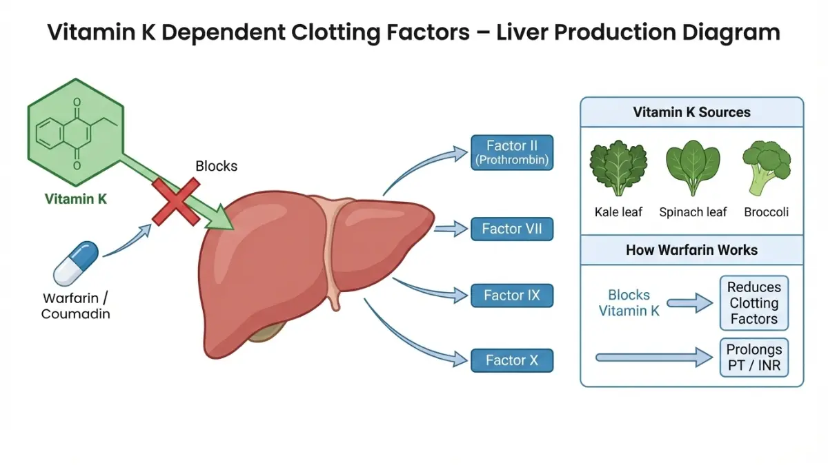 Coagulation Test Results explained with a vitamin K dependent clotting factors diagram showing liver production of factors II, VII, IX, and X and warfarin action