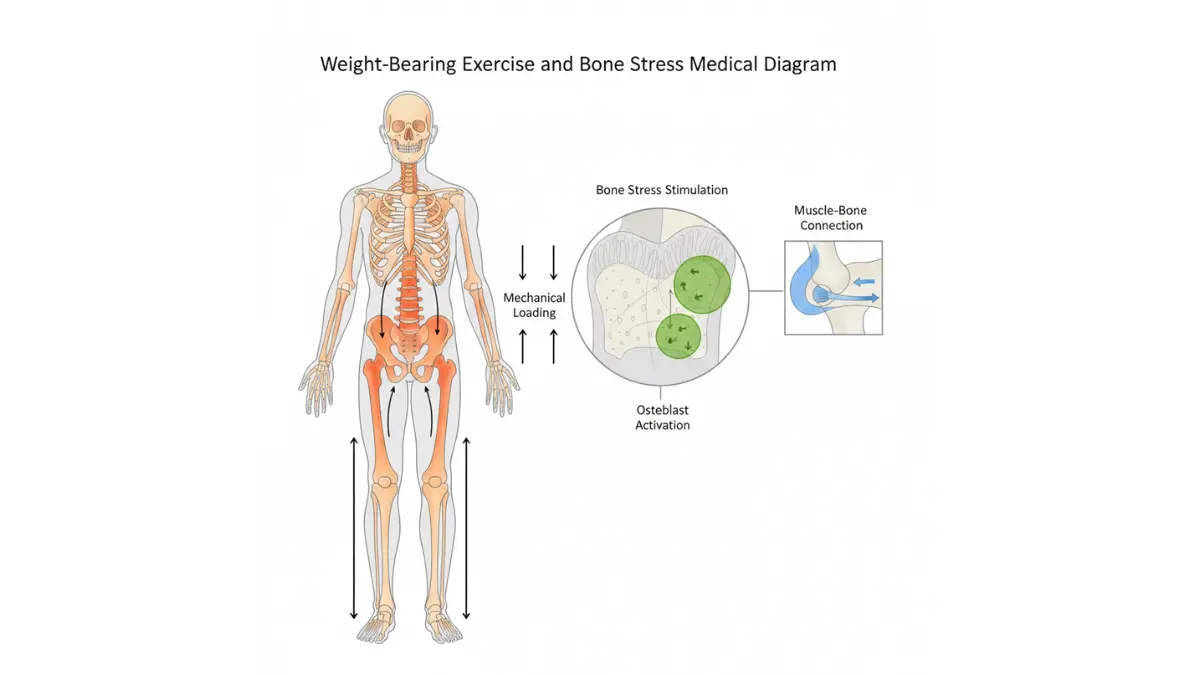 Medical skeletal diagram showing weight-bearing exercise stress zones and osteoblast activation that improve T-Score