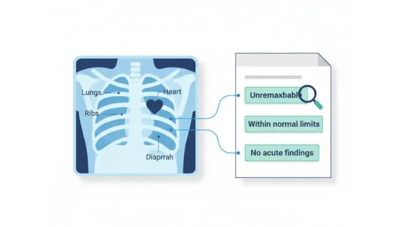 Normal chest X-ray illustration showing anatomy and highlighted radiology report terms