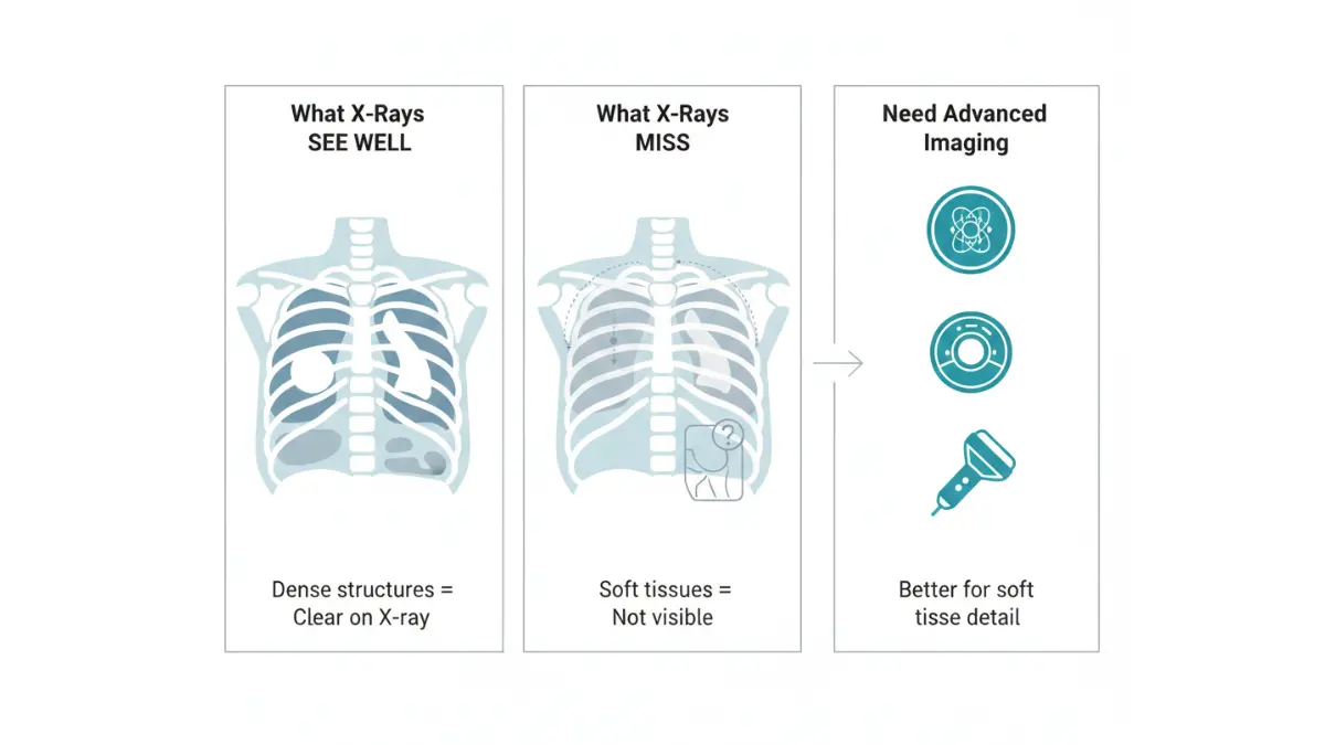Comparison diagram showing what X-ray can see well versus what X-ray misses and when advanced imaging is needed