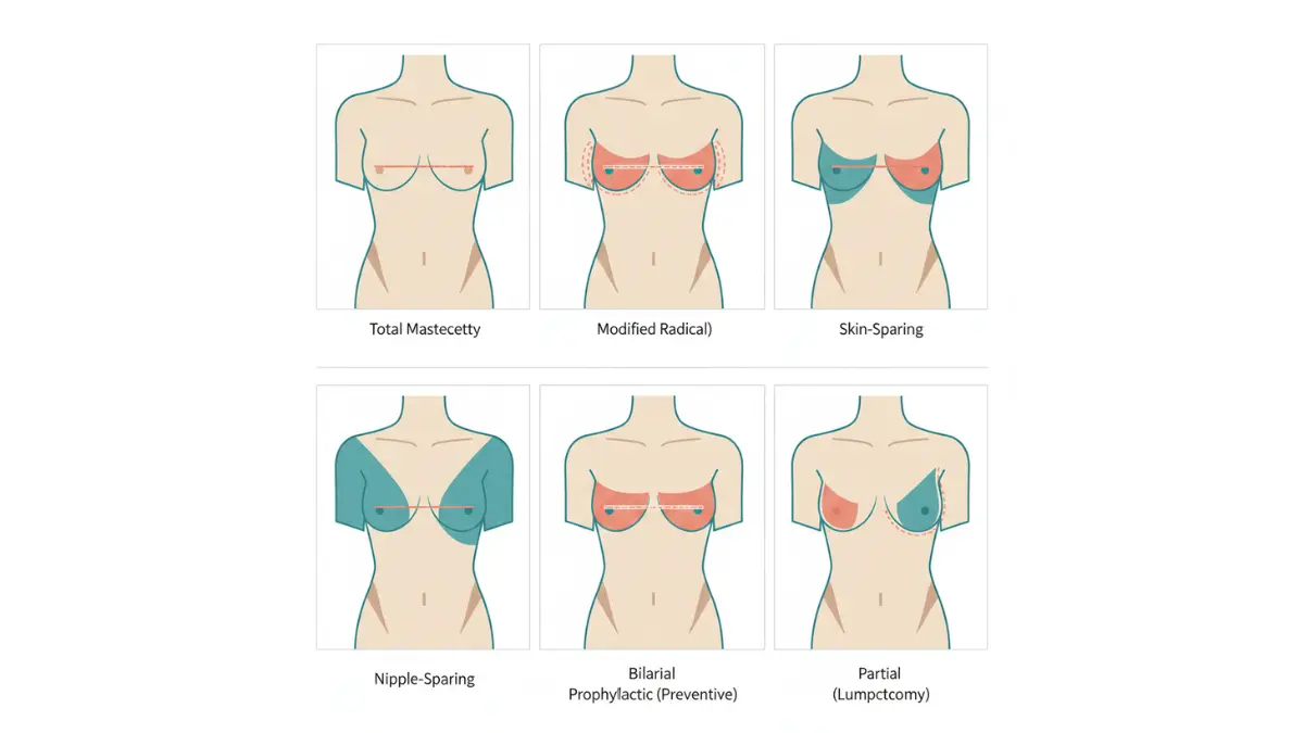Medical diagram showing all 8 types of Mastectomy including total, modified radical, radical, skin-sparing, nipple-sparing, bilateral, prophylactic and partial procedures