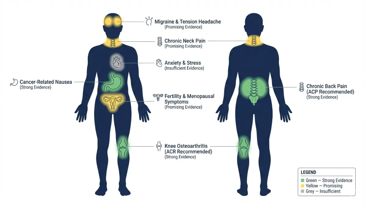 Medical anatomy body map showing conditions with strongest clinical evidence for acupuncture treatment including back pain migraine and knee osteoarthritis