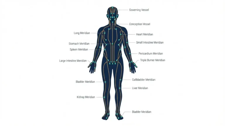 Medical anatomy vector diagram of acupuncture meridian pathways and acupoints mapped across the human body anterior view