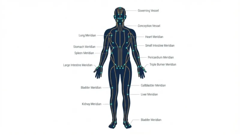 Medical anatomy vector diagram of acupuncture meridian pathways and acupoints mapped across the human body anterior view