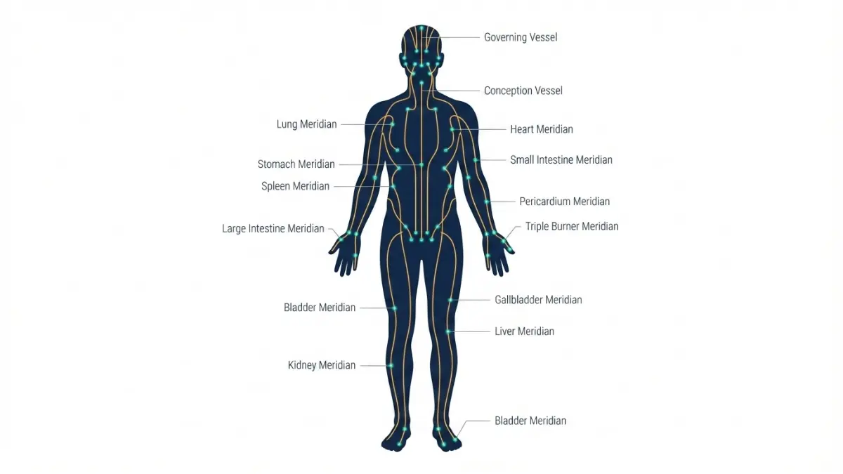 Medical anatomy vector diagram of acupuncture meridian pathways and acupoints mapped across the human body anterior view