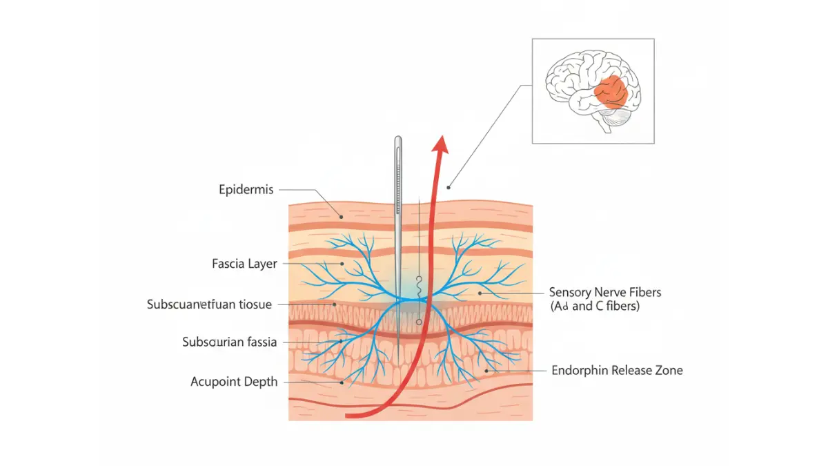 Medical cross-section diagram showing how an acupuncture needle stimulates sensory nerve fibers and endorphin release pathways