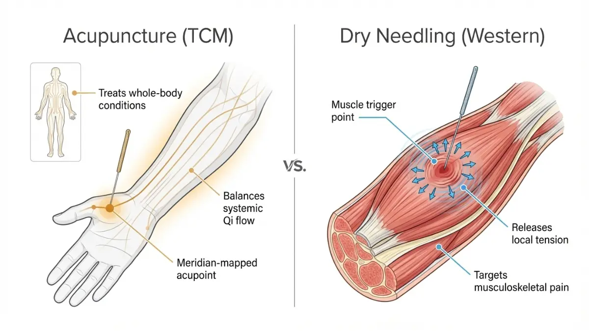 Side-by-side medical diagram comparing acupuncture meridian acupoint technique versus dry needling trigger point therapy