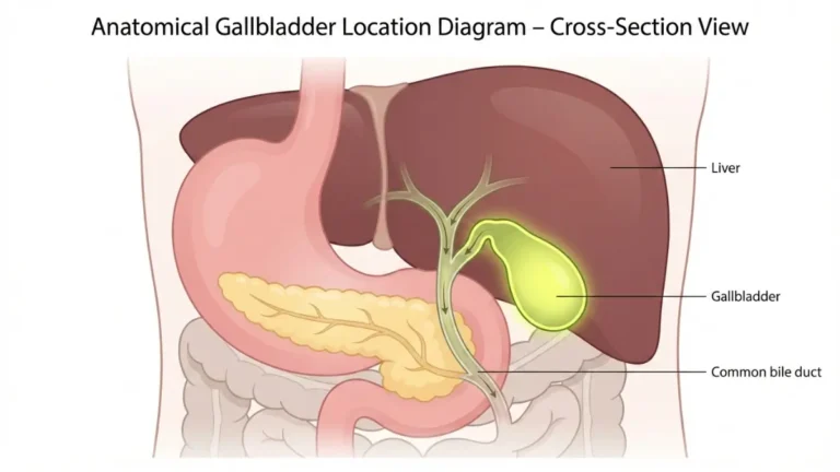 Gallbladder Pain anatomy diagram showing gallbladder location beneath the liver with bile duct connections