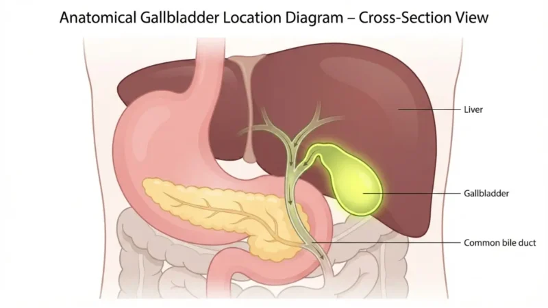Gallbladder Pain anatomy diagram showing gallbladder location beneath the liver with bile duct connections