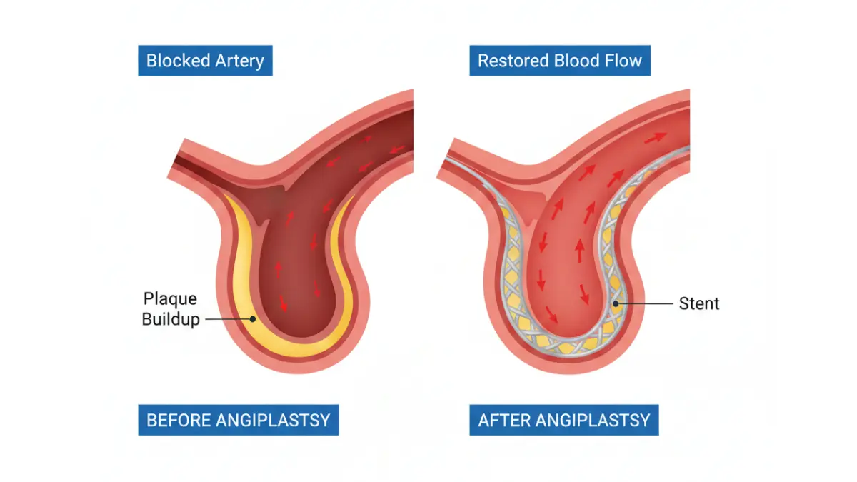 Angioplasty medical illustration showing coronary artery before and after Angioplasty with stent placement restoring blood flow