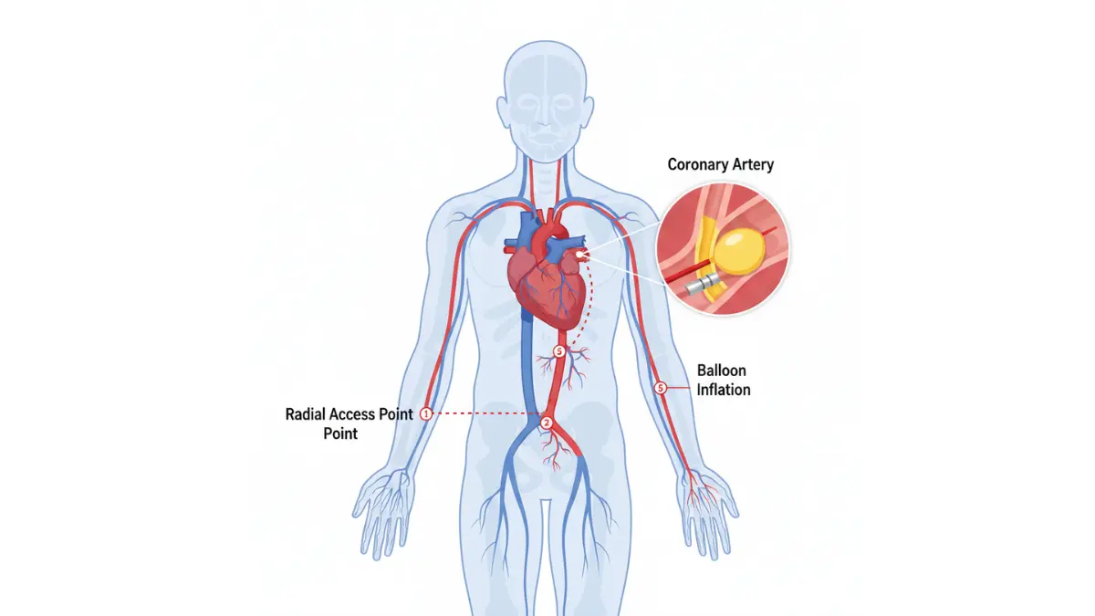 Angioplasty anatomical diagram illustrating catheter pathway from wrist through arteries to the heart with balloon inflation