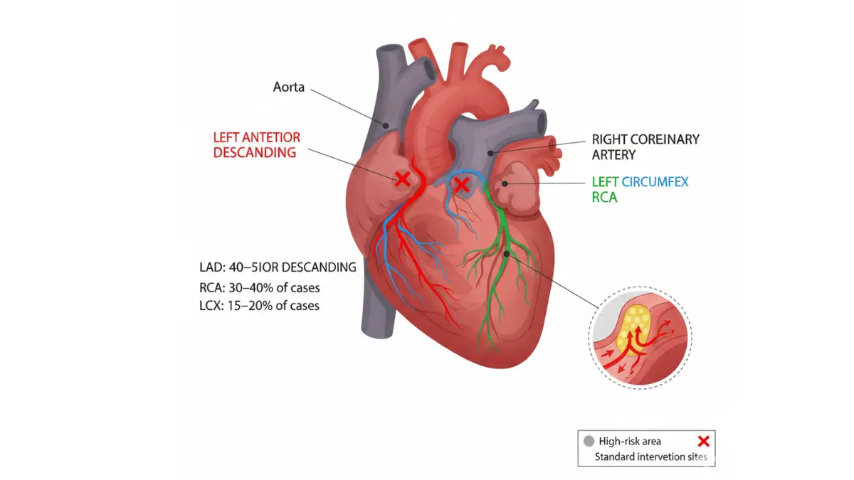 Angioplasty heart anatomy diagram showing LAD RCA and LCX coronary arteries with common blockage locations
