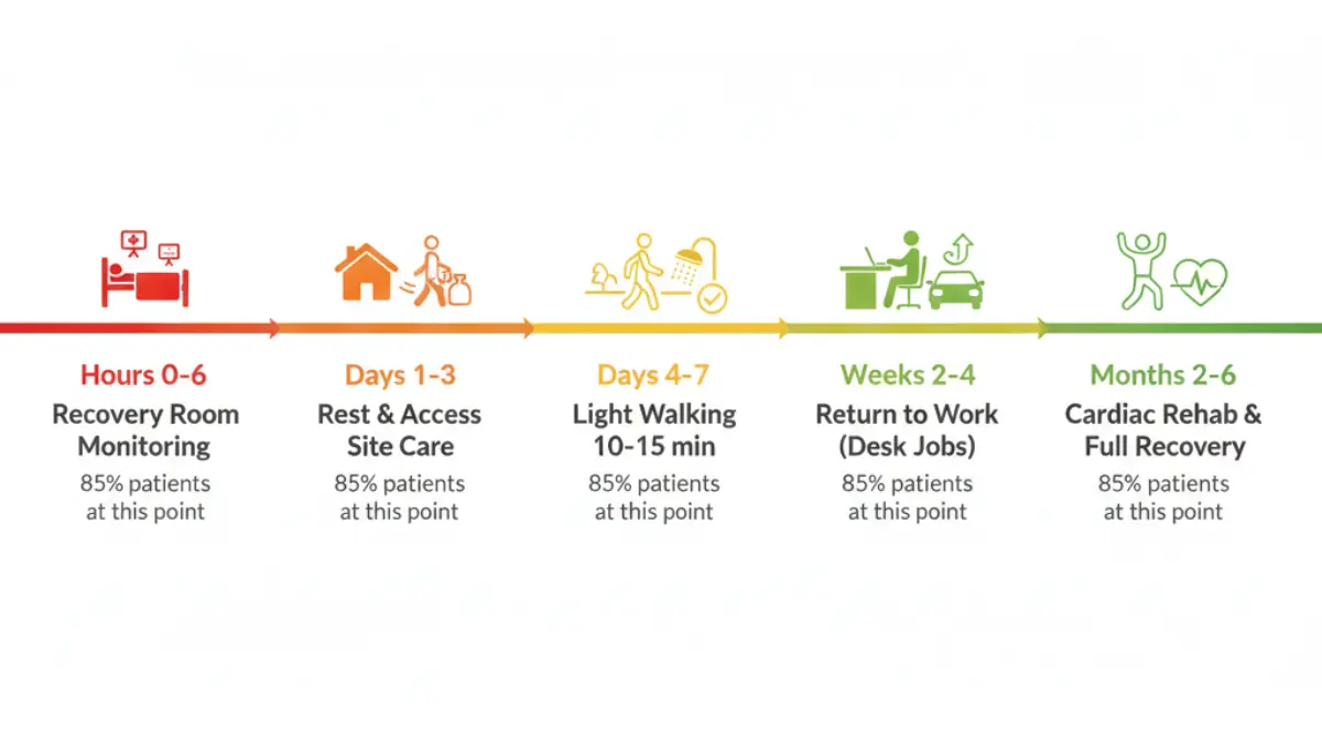Angioplasty recovery timeline infographic showing stages from hospital monitoring to full recovery and cardiac rehabilitation