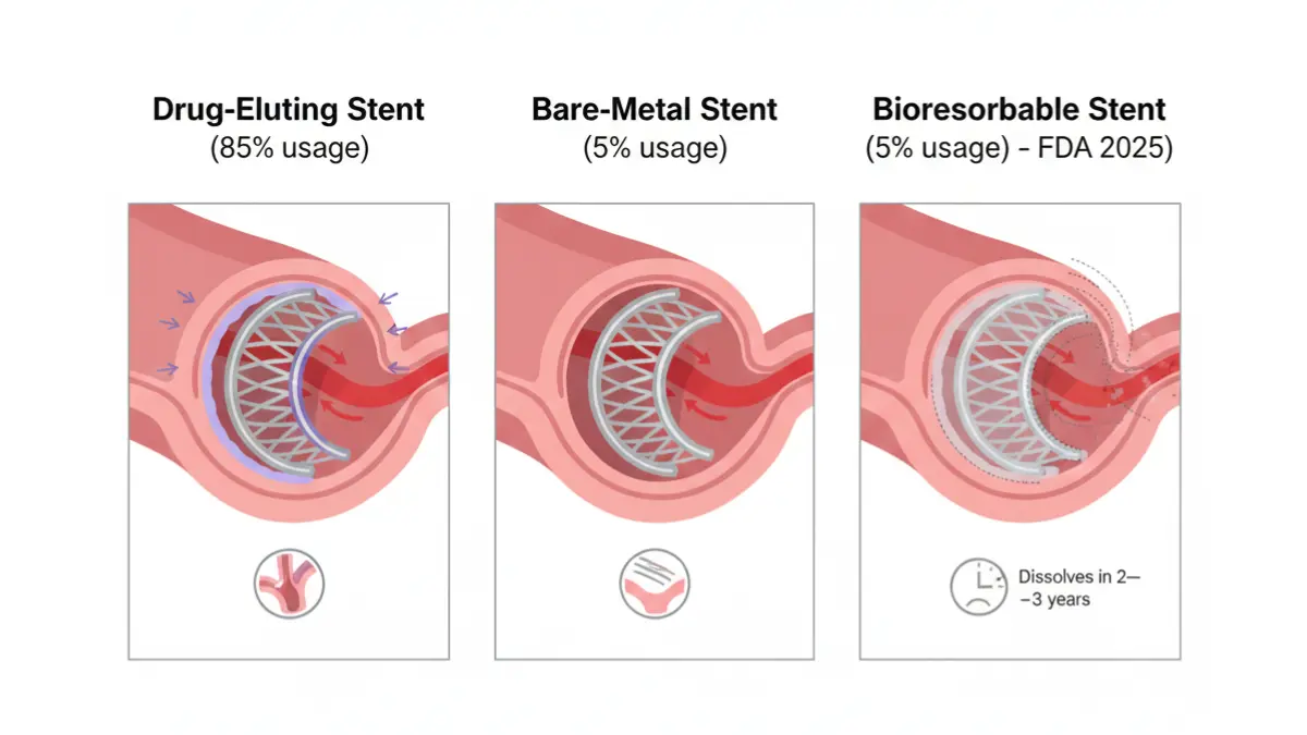 Angioplasty comparison diagram showing drug-eluting stent bare-metal stent and bioresorbable stent inside coronary arteries