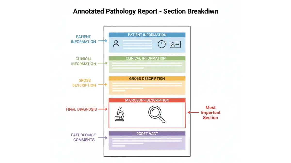 Biopsy Results annotated pathology report diagram highlighting patient information, tissue findings, and final diagnosis section