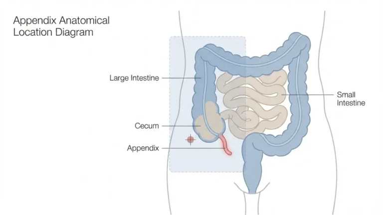 Appendectomy anatomical diagram showing appendix location in the lower right abdomen attached to the cecum with McBurney’s point marked