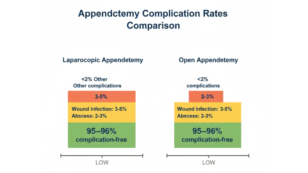 Appendectomy complication rate chart showing high success rate with low infection and complication percentages for laparoscopic and open surgery