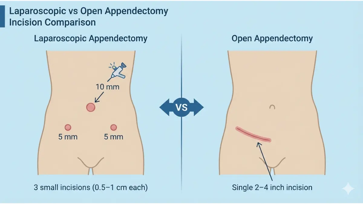 Appendectomy procedure comparison showing laparoscopic three small incisions versus open appendectomy single larger incision