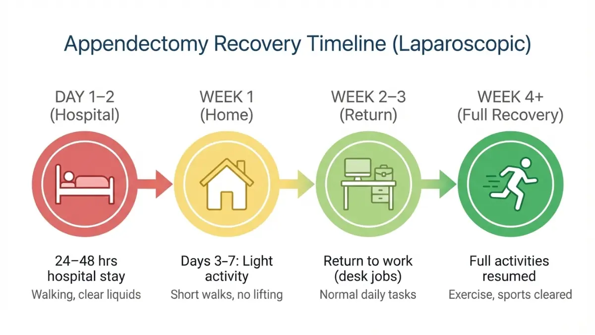 Appendectomy recovery timeline infographic showing week by week healing milestones after laparoscopic appendectomy surgery