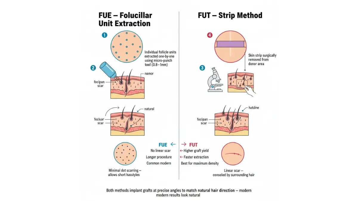 Balding Treatment medical diagram comparing FUE and FUT hair transplant extraction and implantation techniques