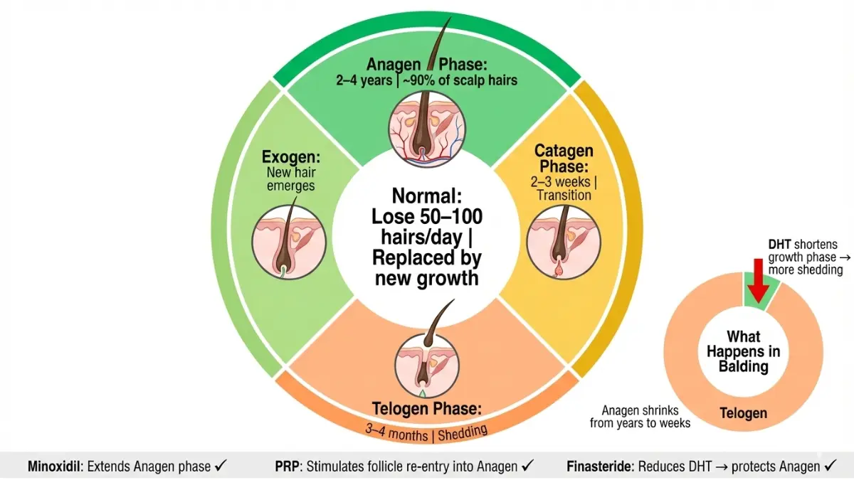 Balding Treatment hair growth cycle diagram showing Anagen Catagen Telogen and Exogen phases and DHT disruption