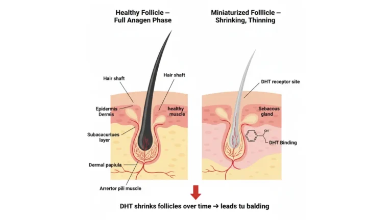 Balding Treatment medical diagram showing healthy hair follicle vs DHT miniaturized follicle cross section in androgenetic alopecia