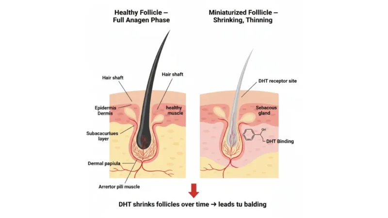 Balding Treatment medical diagram showing healthy hair follicle vs DHT miniaturized follicle cross section in androgenetic alopecia