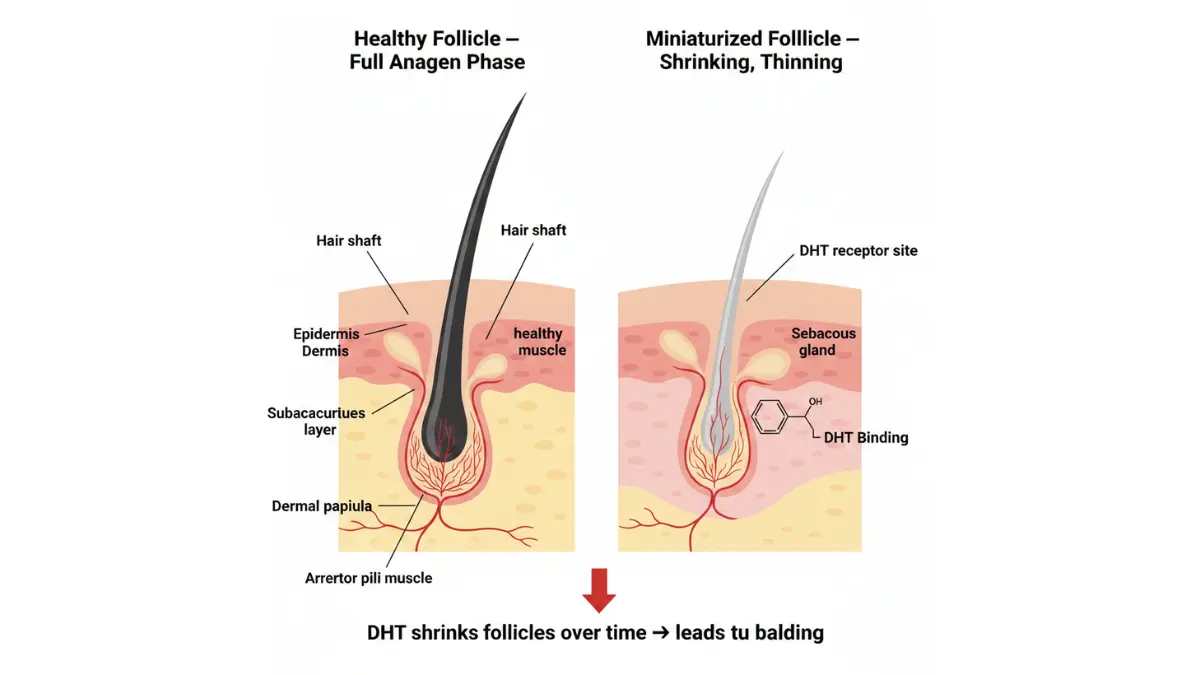 Balding Treatment medical diagram showing healthy hair follicle vs DHT miniaturized follicle cross section in androgenetic alopecia