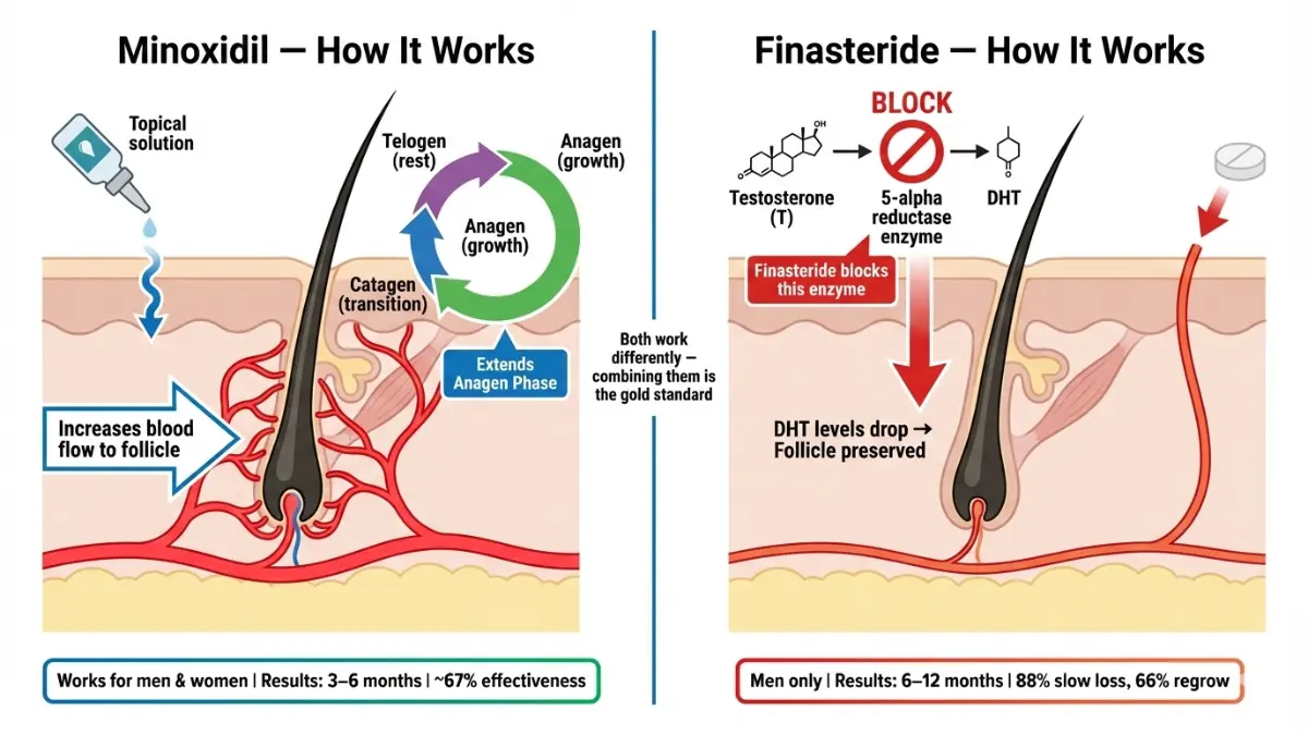 Balding Treatment medical diagram comparing how minoxidil increases blood flow and finasteride blocks DHT to stop hair loss