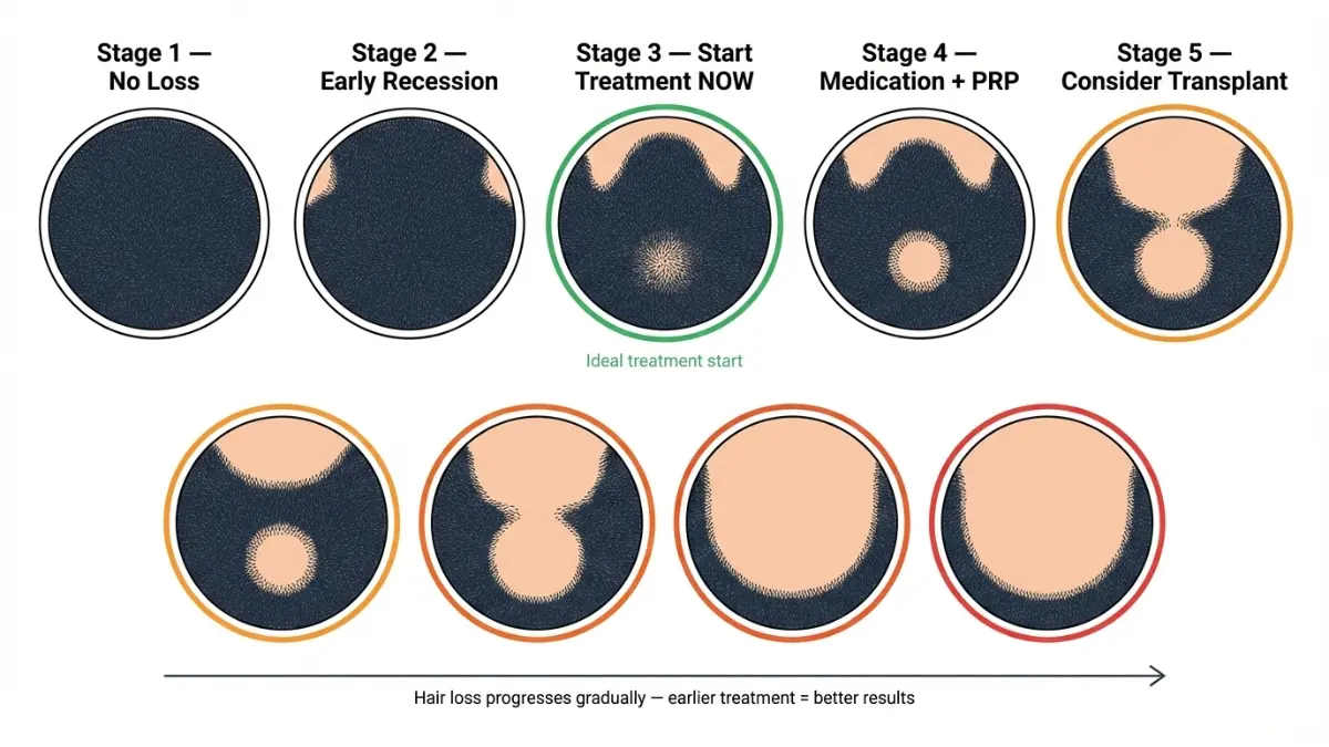 Balding Treatment Norwood Scale diagram showing stages 1 to 7 of male pattern baldness progression