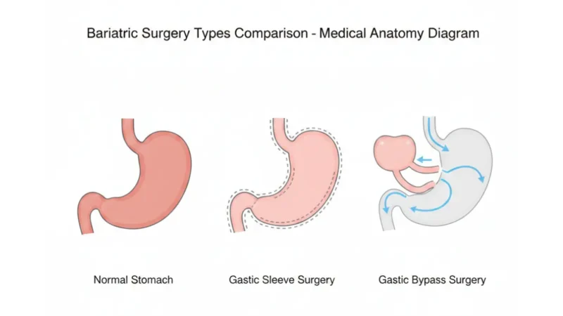 Bariatric surgery comparison diagram showing normal stomach anatomy, gastric sleeve procedure, and gastric bypass surgical anatomy