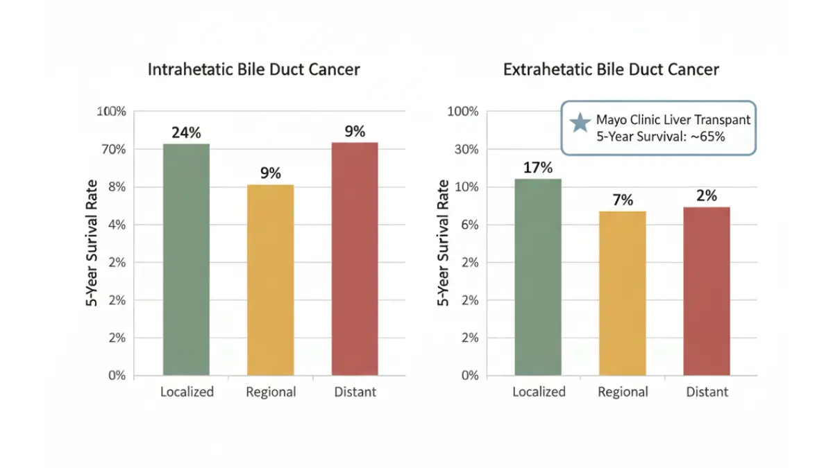 Bile Duct Cancer survival rates bar chart showing five year survival by stage based on 2026 data