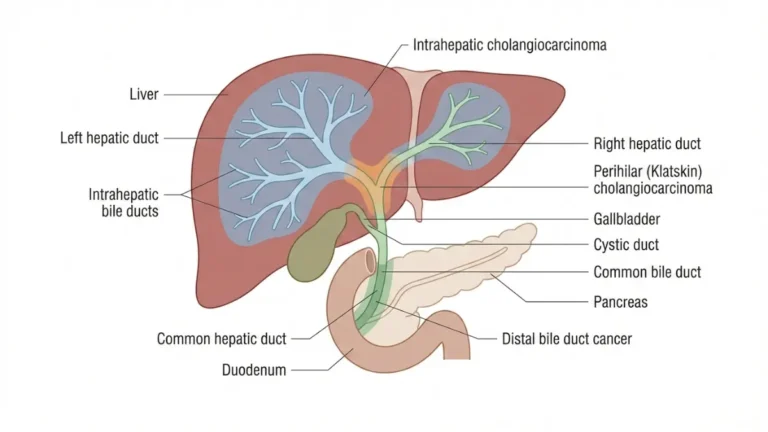 Bile Duct Cancer anatomical diagram showing liver bile duct system with intrahepatic perihilar and distal regions labeled