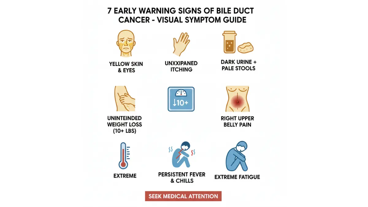 Bile Duct Cancer early warning signs infographic showing jaundice itching dark urine weight loss abdominal pain fever and fatigue