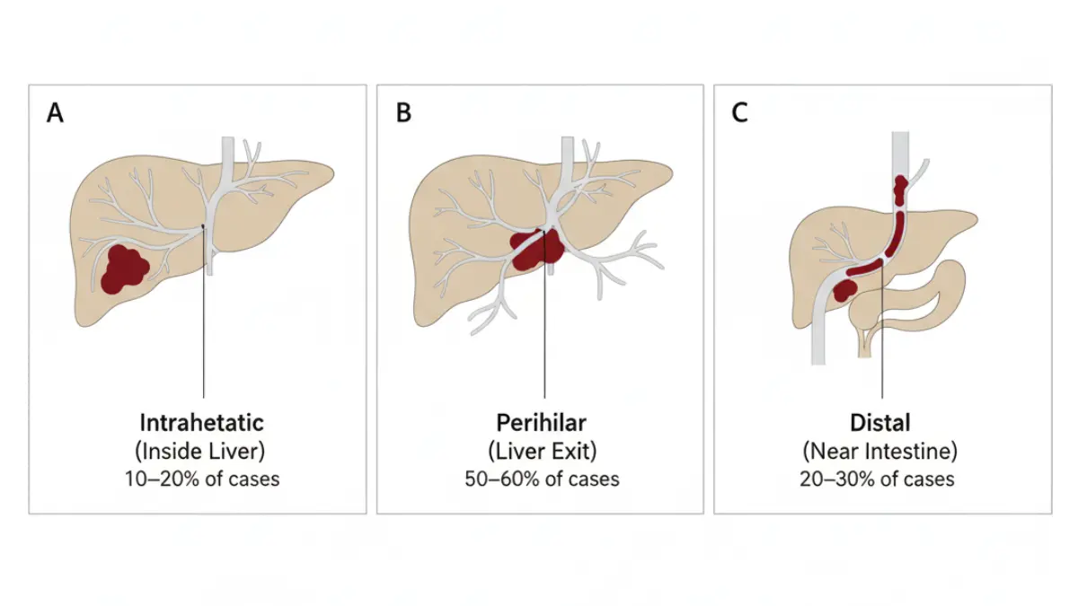 Bile Duct Cancer comparison diagram showing intrahepatic perihilar and distal cholangiocarcinoma locations with prevalence rates