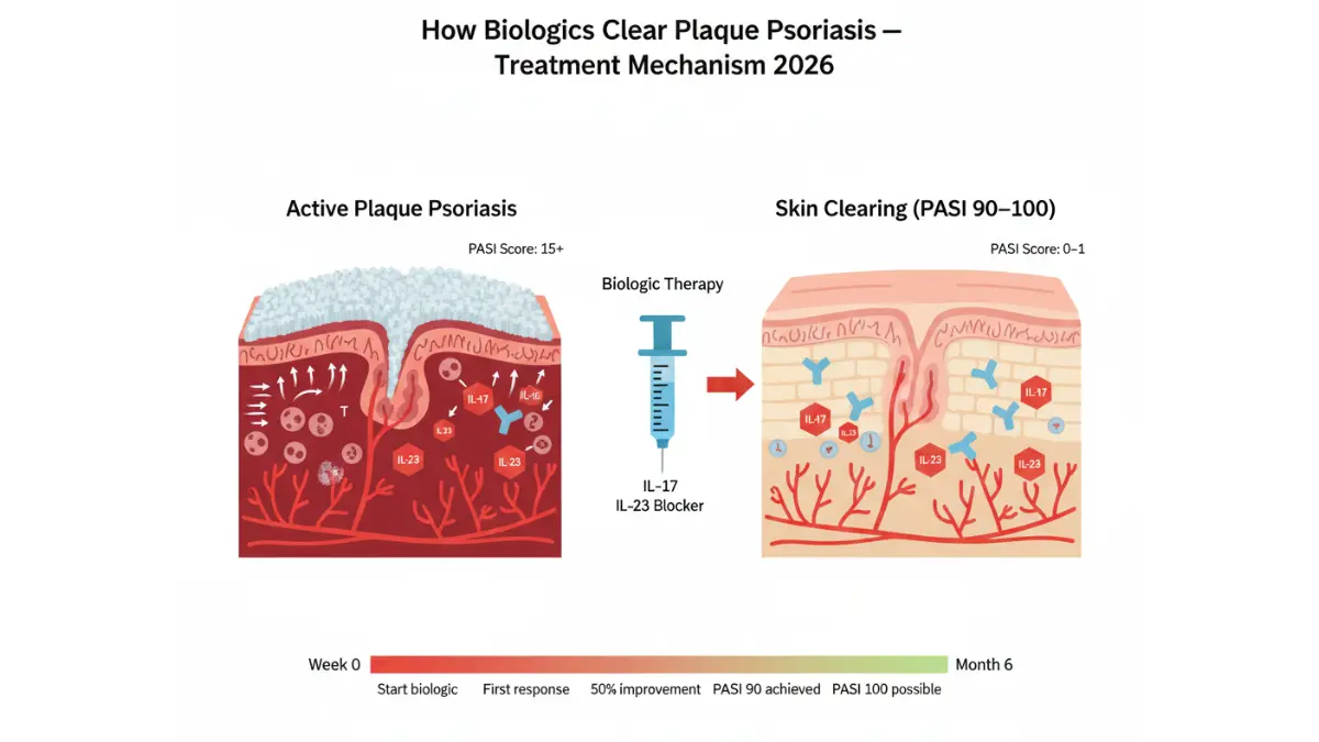 Plaque Psoriasis biologic treatment mechanism diagram showing skin before and after IL-17 and IL-23 blockade with PASI score improvement