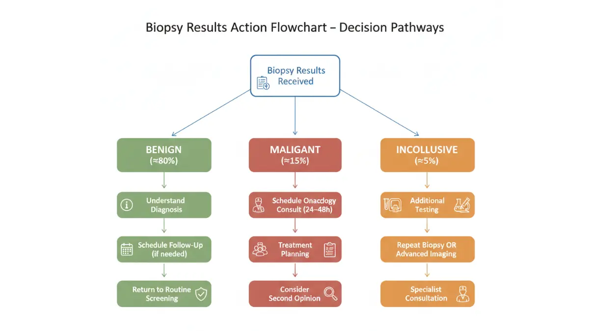 Biopsy Results action flowchart showing benign, malignant, and inconclusive decision pathways after diagnosis