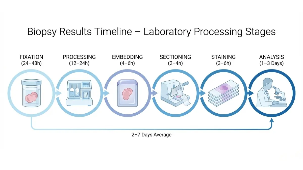 Biopsy Results timeline showing laboratory processing stages from fixation and staining to pathologist analysis