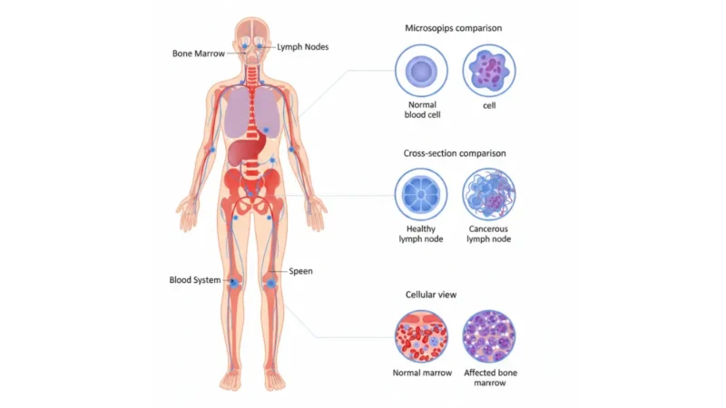 Medical anatomy diagram showing Blood Cancer affected areas including bone marrow lymph nodes spleen and blood cells with healthy versus cancerous cell comparison