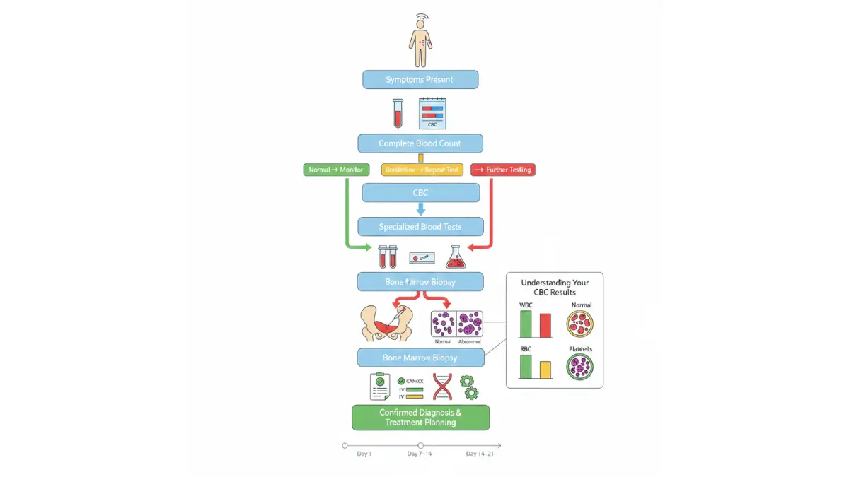 Medical flowchart showing Blood Cancer diagnostic pathway from symptoms through CBC blood test specialized testing bone marrow biopsy and confirmed diagnosis timeline