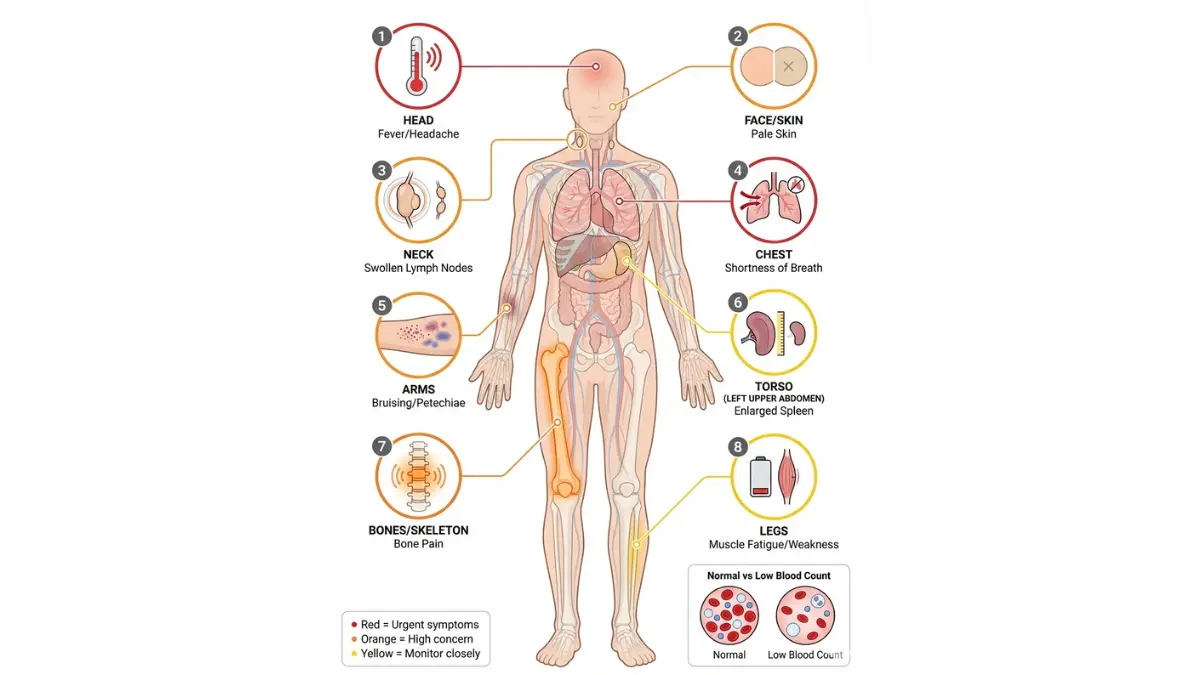 Full body medical diagram showing Blood Cancer warning signs from head to toe including fever bruising swollen lymph nodes bone pain and fatigue with severity indicators