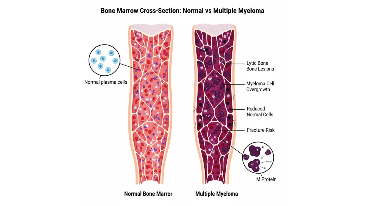 Multiple Myeloma bone marrow comparison diagram showing lytic bone lesions and myeloma cell overgrowth