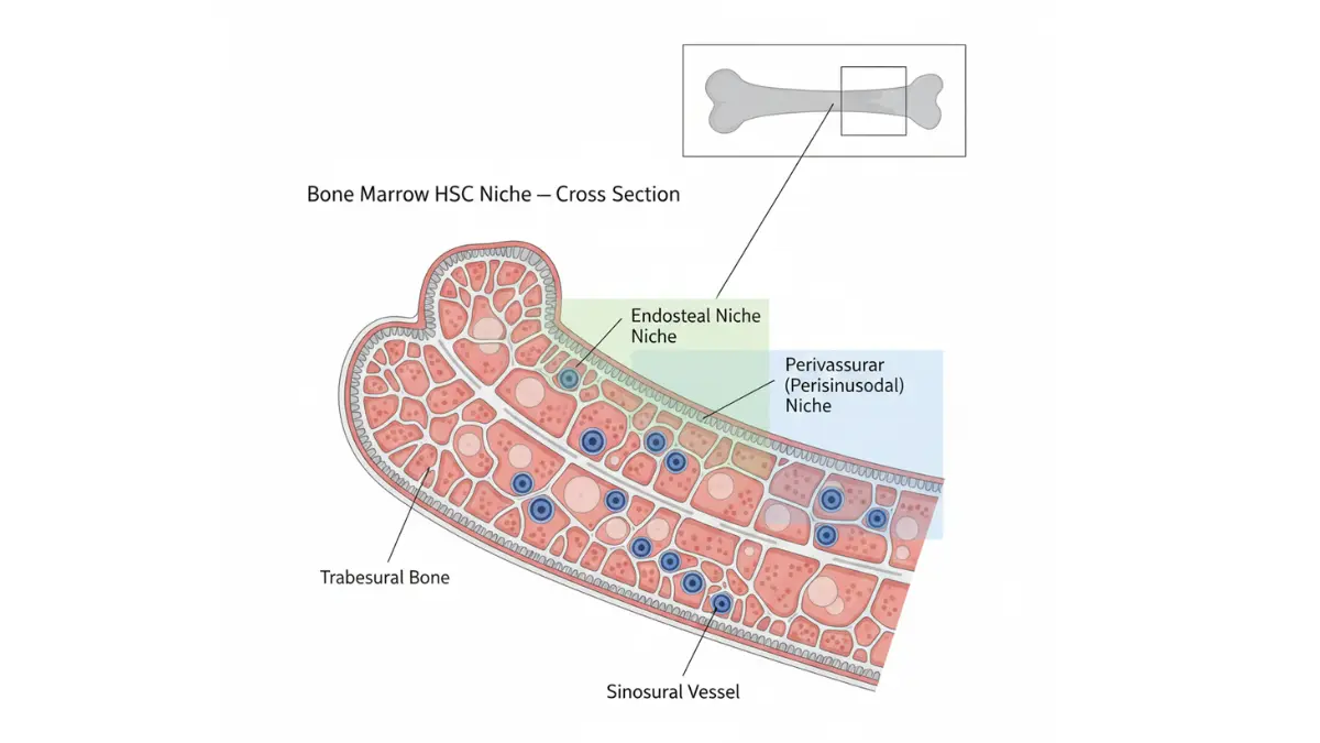 Haematopoietic stem cells location in bone marrow niche showing endosteal and perisinusoidal regions