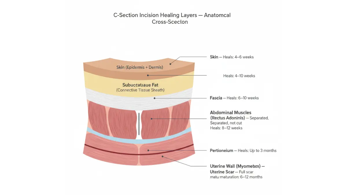 C-Section incision healing layers cross-section showing skin, fascia, muscle separation, peritoneum and uterine scar timeline