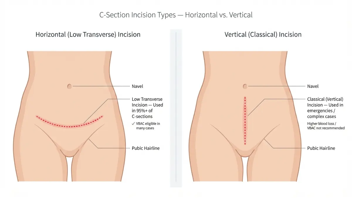 C-Section horizontal vs vertical incision comparison showing low transverse and classical incision placement on abdomen