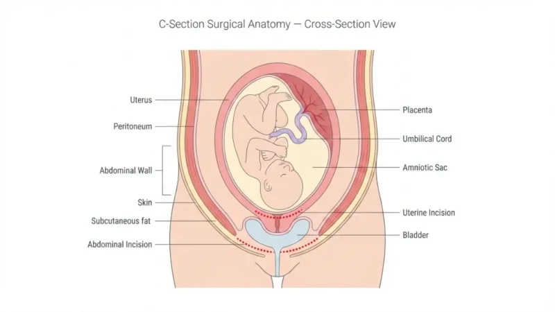 C-Section surgical anatomy cross-section showing uterus, baby in head-down position, abdominal incision and uterine incision lines