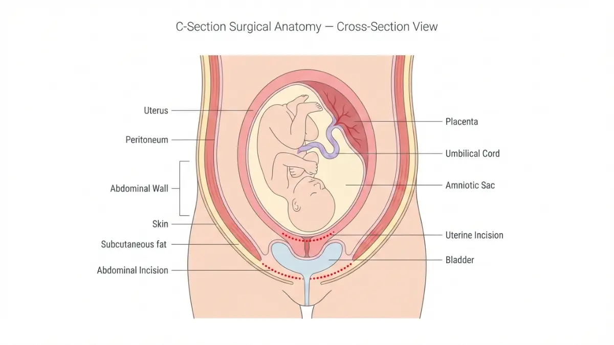 C-Section surgical anatomy cross-section showing uterus, baby in head-down position, abdominal incision and uterine incision lines