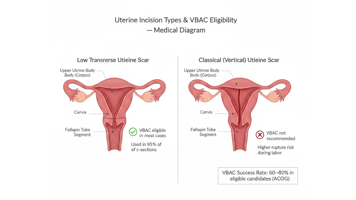 C-Section uterine incision types showing low transverse scar vs classical vertical scar and VBAC eligibility