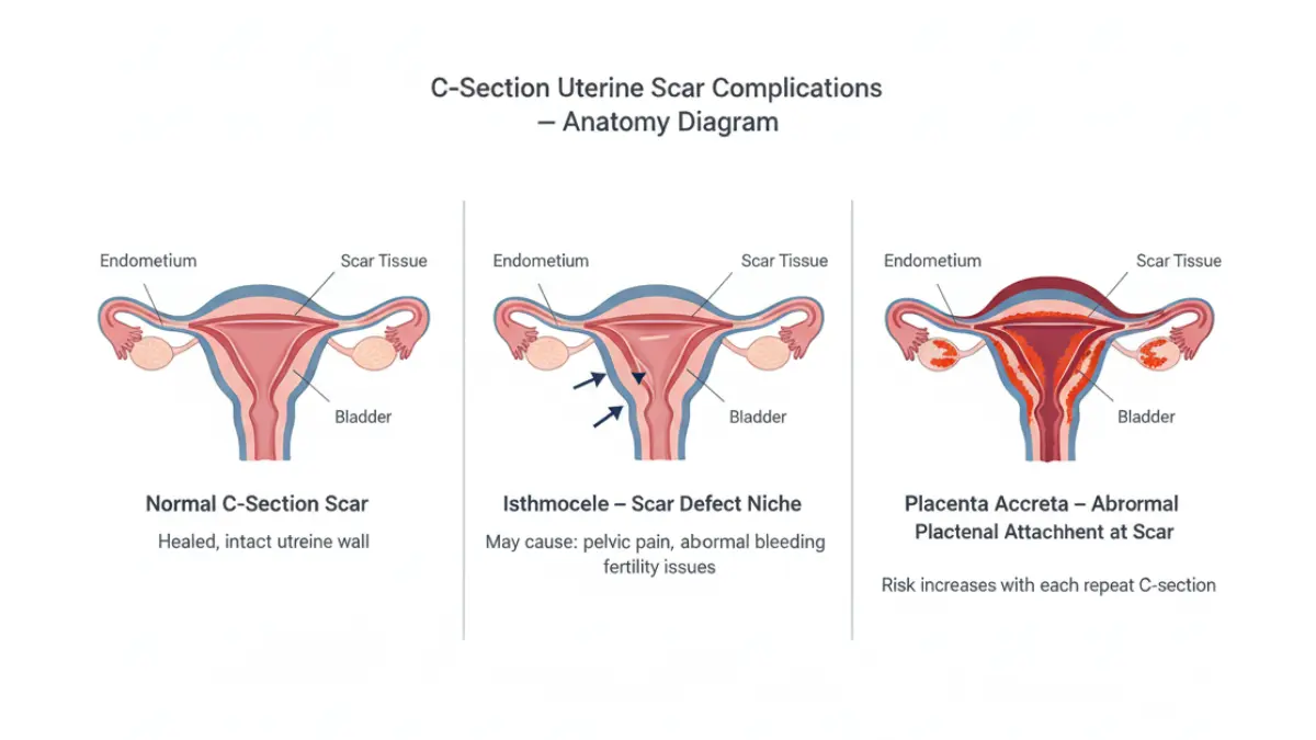 C-Section uterine scar complications diagram showing normal scar, isthmocele niche defect, and placenta accreta invasion