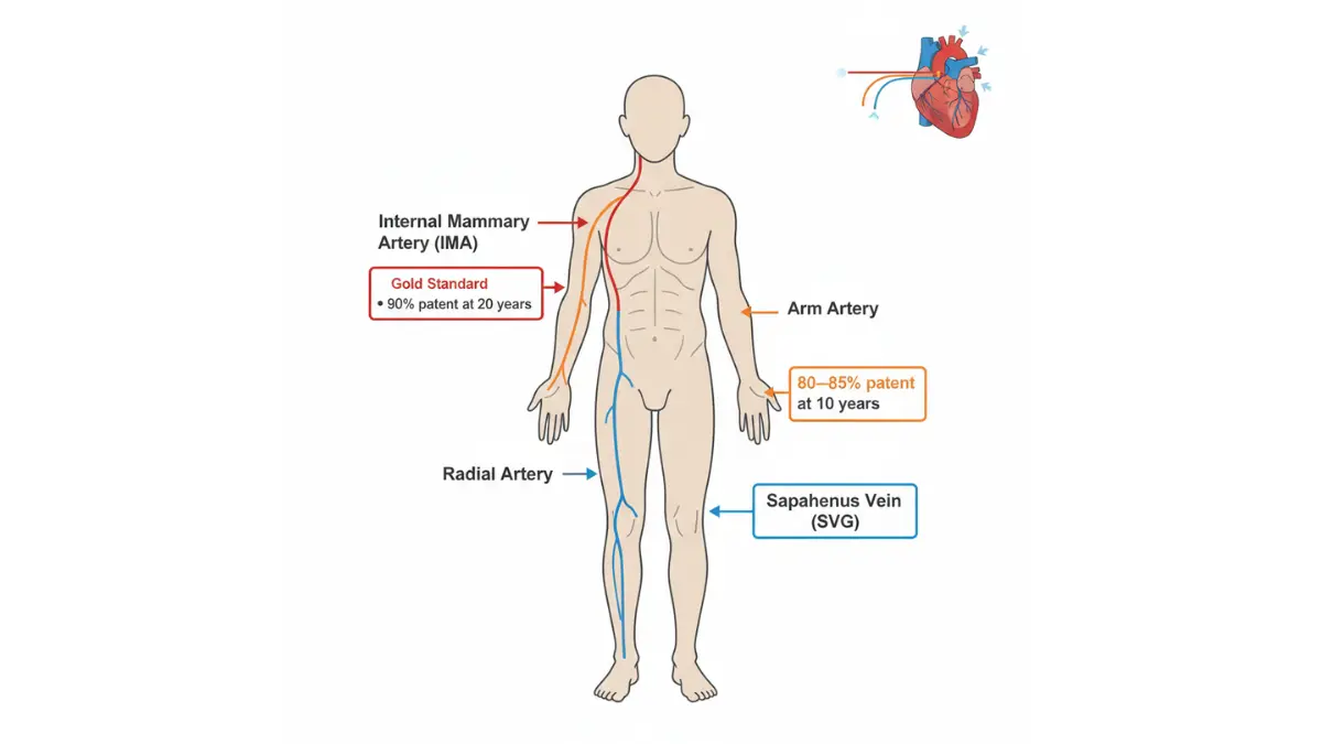 CABG bypass graft sources showing internal mammary artery chest radial artery arm and saphenous vein leg with patency rates